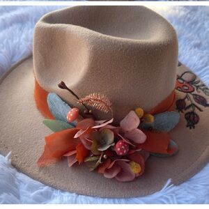 Burnt and painted Tan Hat with Floral and mushroom Accents